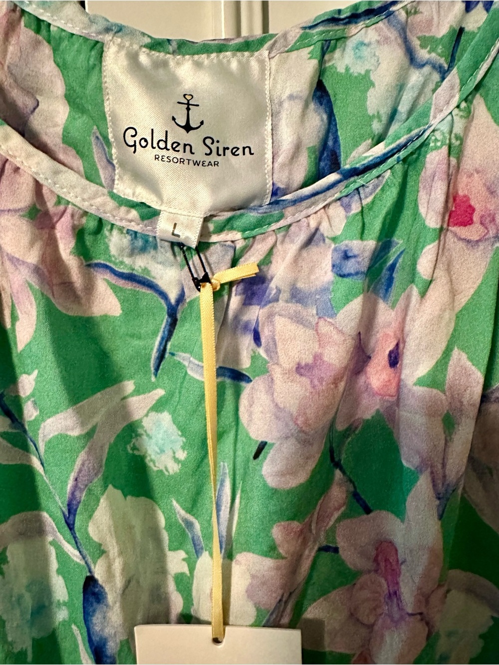 NWT Golden Siren Resortwear Floral Green Maxi Dress with Pink & White Blooms L